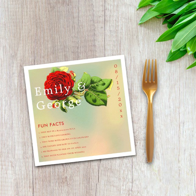 Elegant Red Rose Romantic Floral Fun Facts Wedding Napkin (Creator Uploaded)