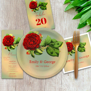 Elegant Red Rose Romantic Summer Floral Wedding Paper Plate
