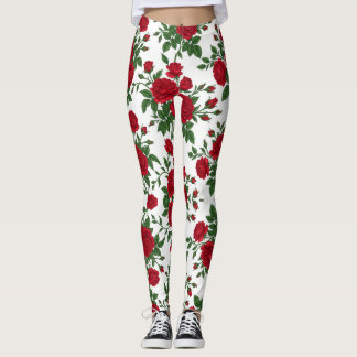 Elegant Red Rose Seamless Floral Pattern Leggings