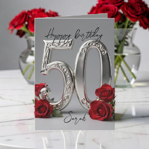 Elegant Red Rose Silver 50th Milestone Birthday Card