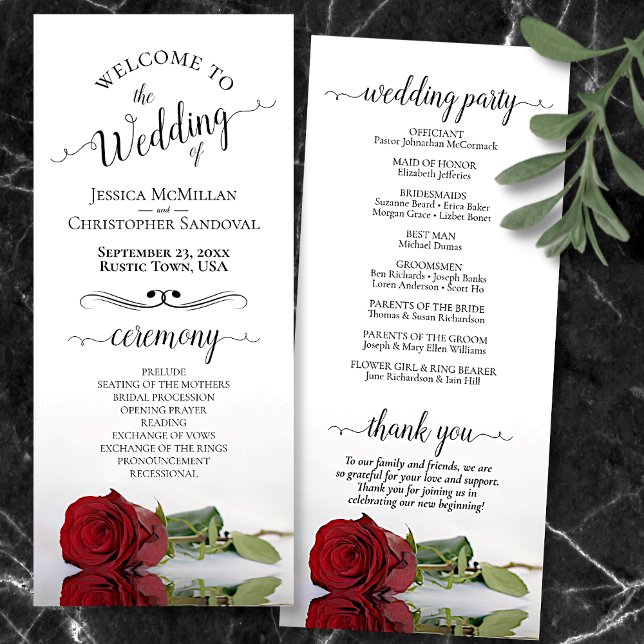 Elegant Red Rose Simple Romantic Wedding Programme (Front and Back)