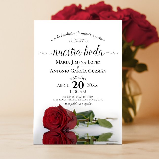 Elegant Red Rose Spanish Nuestra Boda Wedding Invitation (Creator Uploaded)