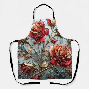 Elegant Red Rose Stained Glass Floral Gold Accent  Apron