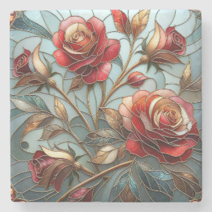 Elegant Red Rose Stained Glass Floral Gold Accent  Stone Coaster