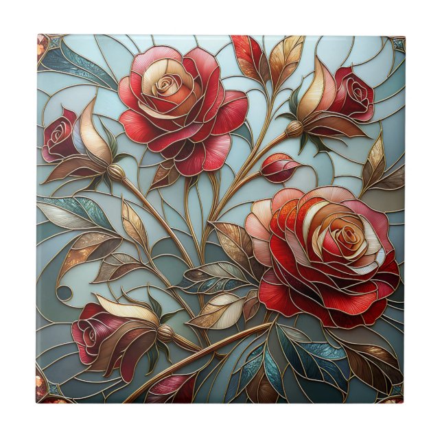 Elegant Red Rose Stained Glass Floral Gold Accent  Tile (Front)
