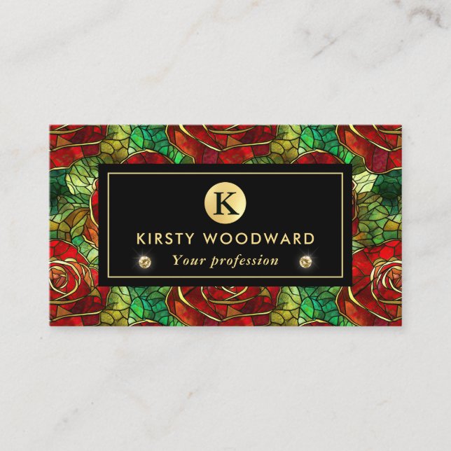 Elegant Red Rose Stained Glass Pattern Business Card (Front)