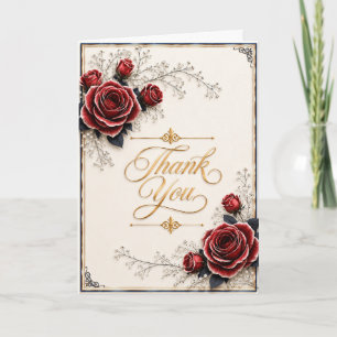 Elegant Red Rose Thank You Card Ivory, Gold & Na