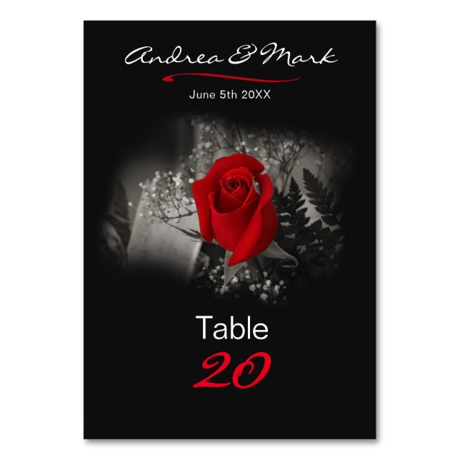 Elegant Red Rose Vignette Black Classic Table Numb Number (Front)