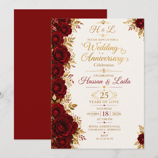 Elegant Red Rose Wedding Anniversary Invitation (Front/Back)