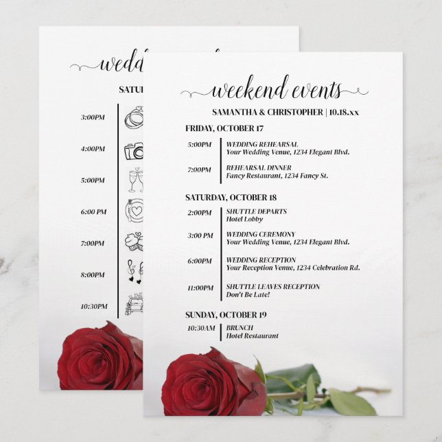 Elegant Red Rose Wedding Events & Timeline Programme (Front/Back)