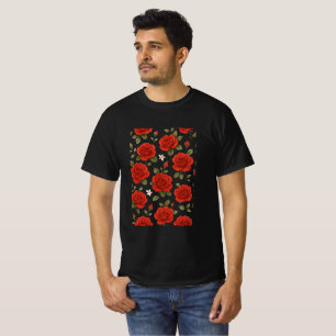 Elegant Red Rose & White Jasmine Watercolor Floral T-Shirt