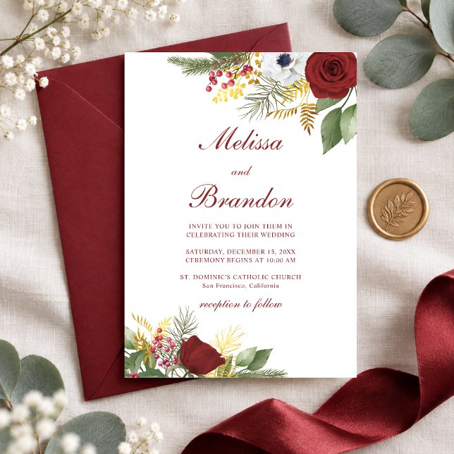 Elegant Red Rose Winter Greenery Script Wedding Invitation (Creator Uploaded)