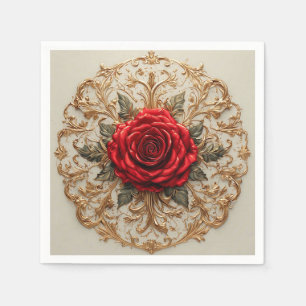Elegant Red Rose With Ornate Gold Floral Napkin