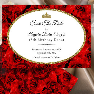 Elegant Red Roses and Gold 18th Birthday Debut Save The Date