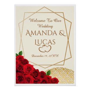 Elegant Red Roses and Gold Frame Cream Wedding Poster