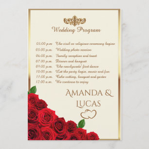 Elegant Red Roses and Gold Frame Cream Wedding Programme