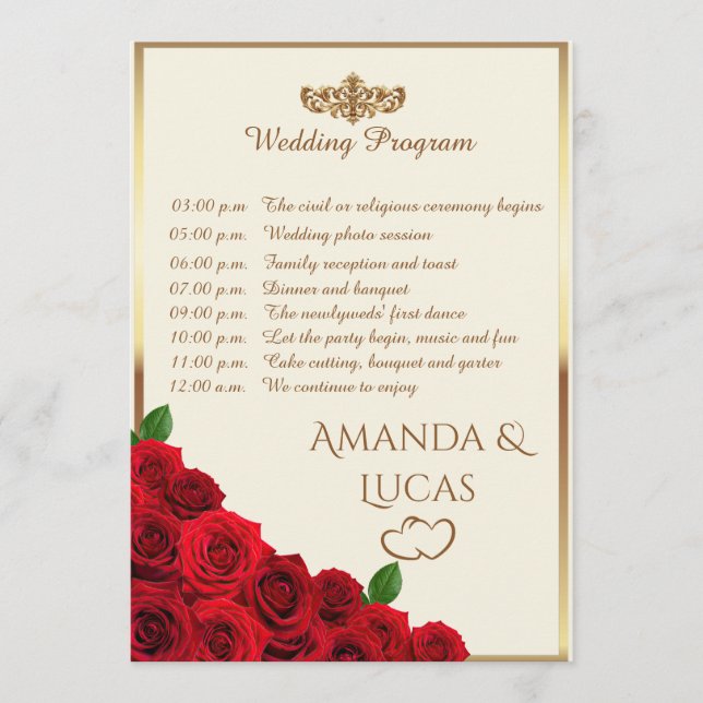 Elegant Red Roses and Gold Frame Cream Wedding Programme (Front)