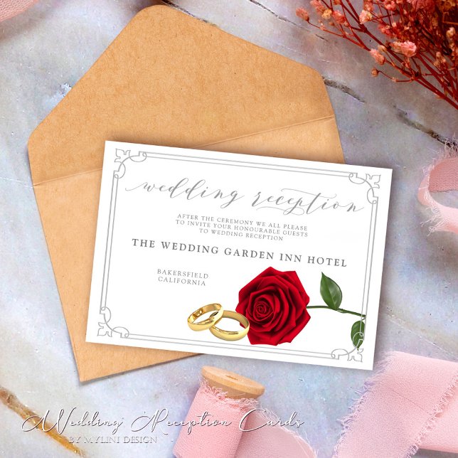Elegant Red Roses and Rings Wedding Reception Card (Creator Uploaded)