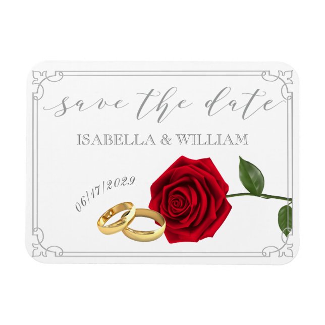 Elegant Red Roses and Rings Wedding Save the Date Magnet (Horizontal)