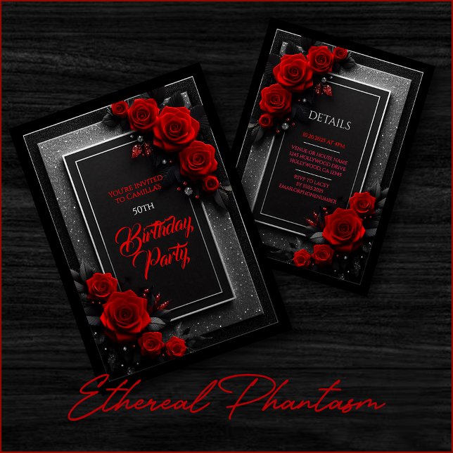 Elegant Red Roses Black Glam Birthday Invitation (red black silver roses glitter birthday party wedding bridal elegant floral dark moody invitation.)