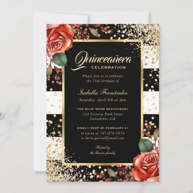 Elegant Red Roses Black Gold Confetti Quinceañera Invitation (Front)