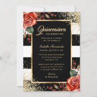 Elegant Red Roses Black Gold Confetti Quinceañera