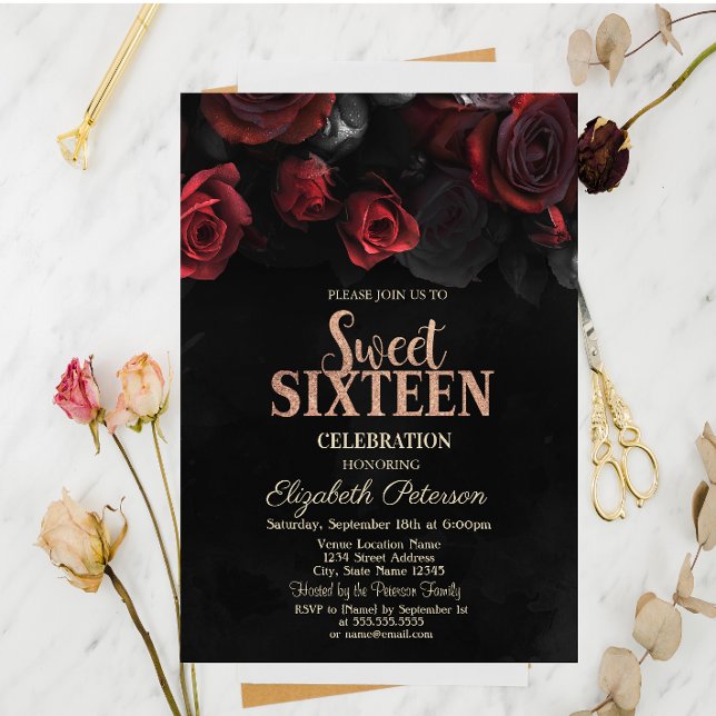 Elegant Red Roses Black Sweet 16 Invitation (Creator Uploaded)
