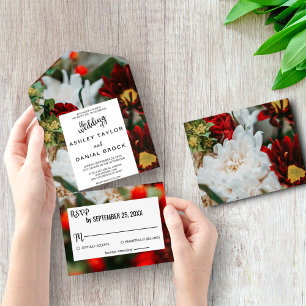 Elegant red roses blossoms flowers floral Wedding  All In One Invitation