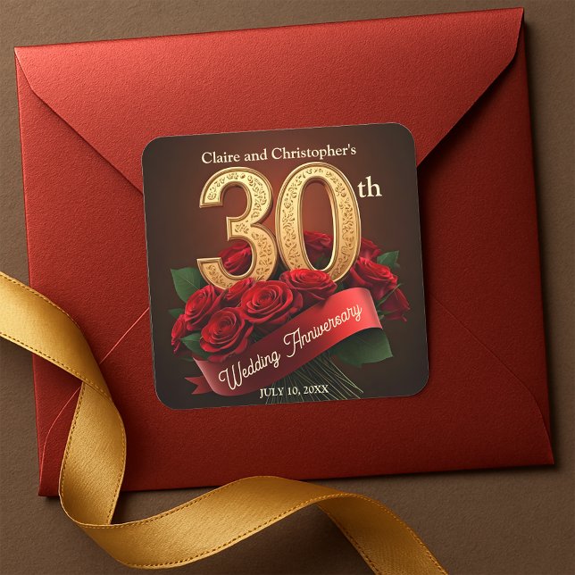 Elegant Red Roses Bouquet 30th Wedding Anniversary Square Sticker (Creator Uploaded)