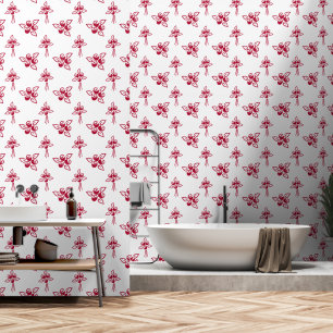 Elegant Red Roses Bunches Line Art on White Wallpaper