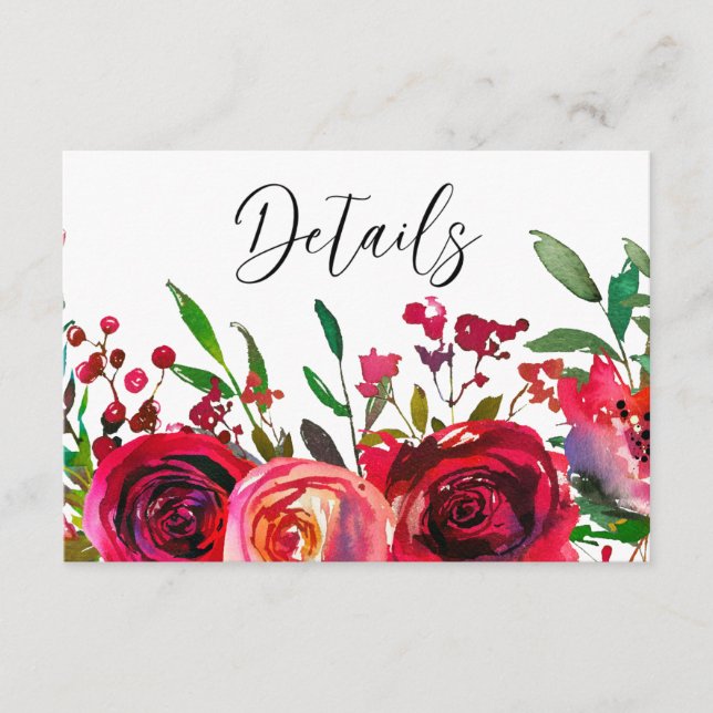 Elegant Red Roses Burgundy Wedding Details Enclosure Card (Front)