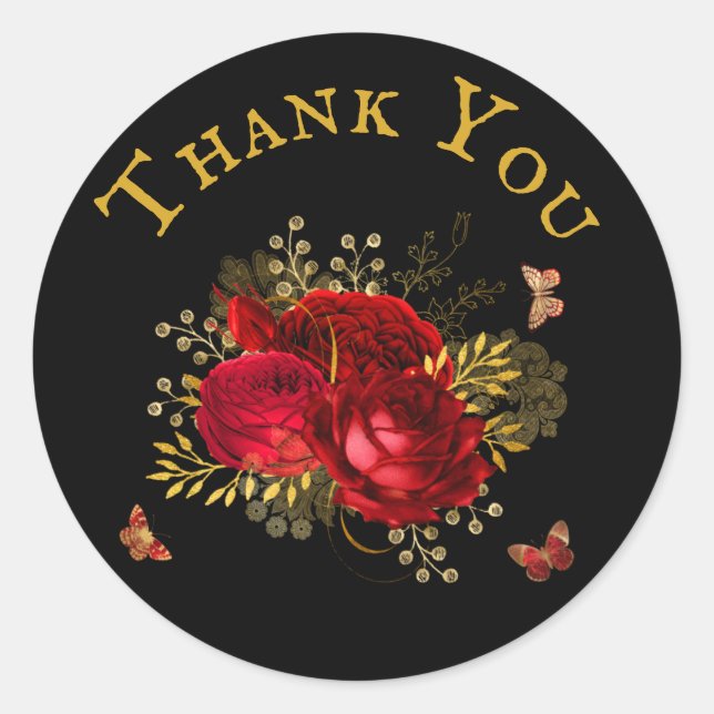 Elegant Red Roses Butterfly Gold  Thank You Classic Round Sticker (Front)