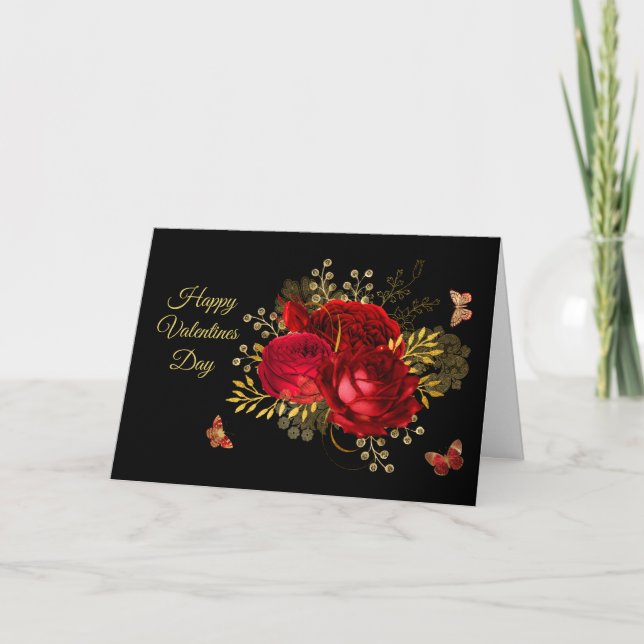 Elegant Red Roses Butterfly Gold Valentine Black Holiday Card (Front)