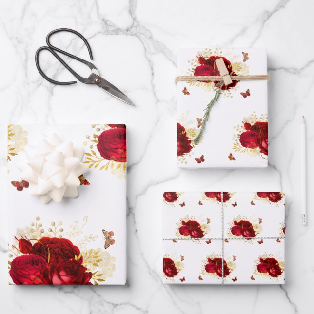 Elegant Red Roses Butterfly Gold Wrapping Paper Sheet (Front)