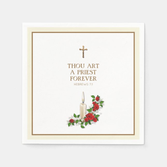 Elegant Red Roses Candle Priest Ordination Napkin (Front)