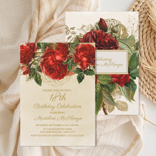 Elegant Red Roses Champagne 18th Birthday Invitation (Elegant red roses 18th birthday party invitation)