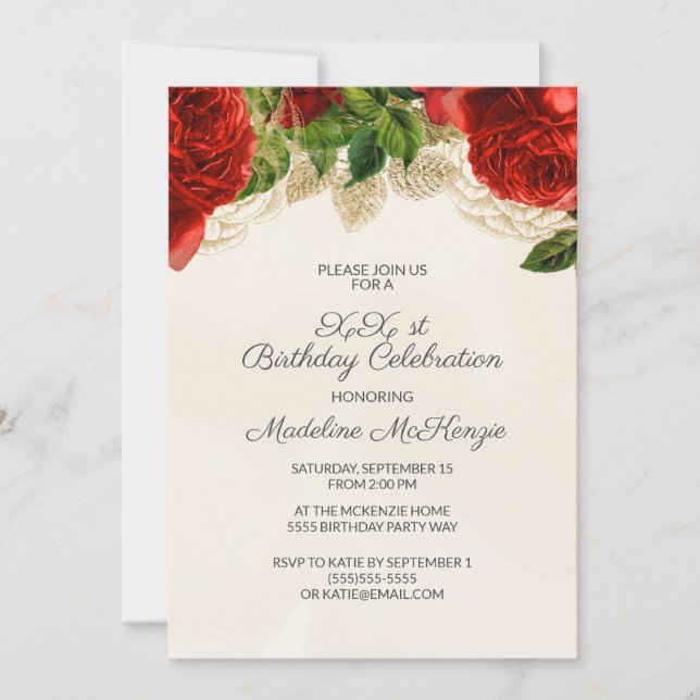Elegant Red Roses Champagne Birthday Invitation (Front)