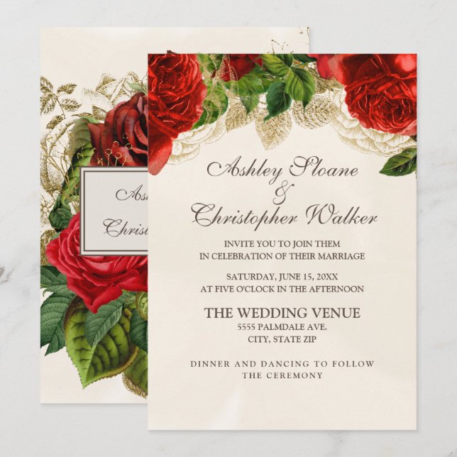 Elegant Red Roses Champagne Wedding Invitation (Front/Back)