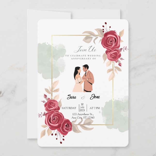 Elegant Red Roses & Couple Illustration Invitation (Front)