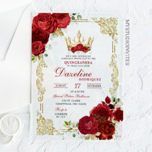 Elegant Red Roses Crown Quinceanera Invitation