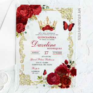 Elegant Red Roses Crown Quinceanera Invitation
