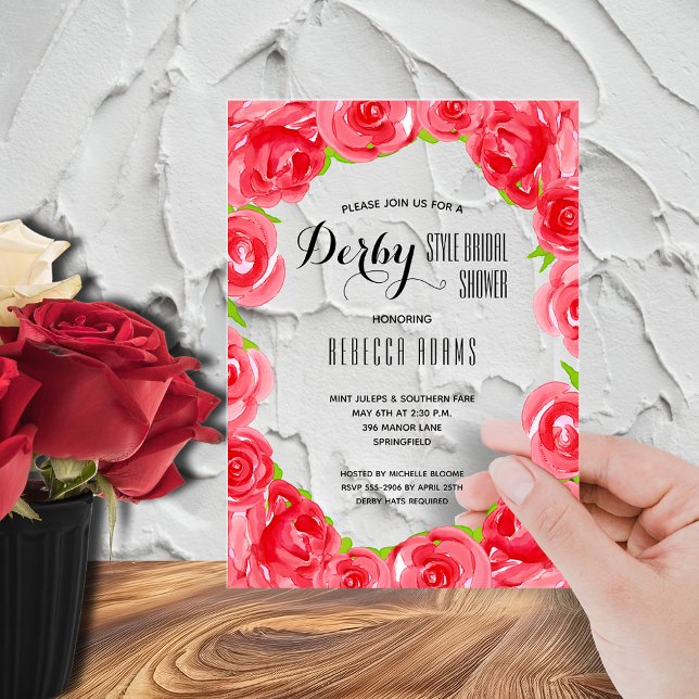 Elegant Red Roses Derby Bridal Shower Acrylic Invitations (Off to the altar Derby bridal shower acrylic invitations - order clear or frosted)