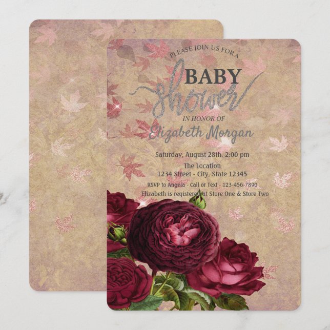 Elegant Red Roses Falling Leaves Baby Shower  Invitation (Front/Back)