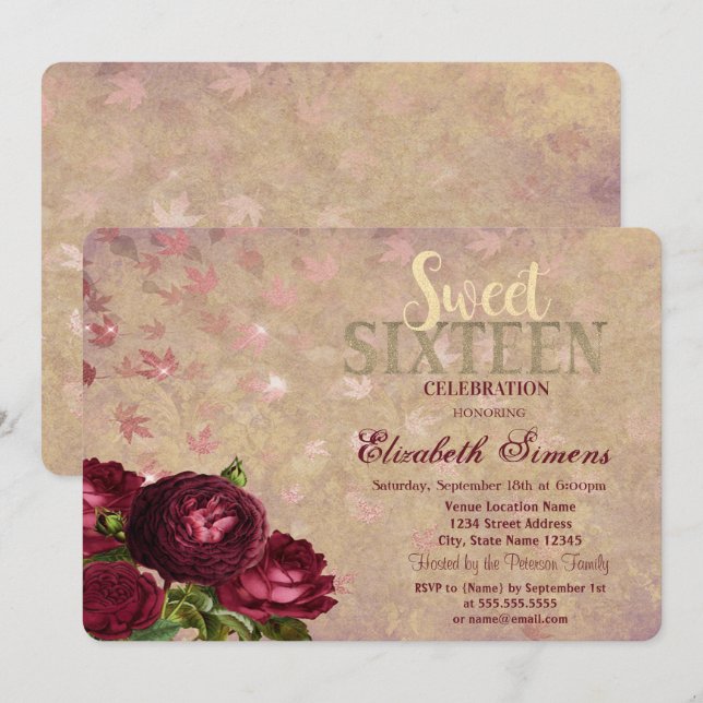Elegant Red Roses Falling Leaves Sweet 16  Invitation (Front/Back)