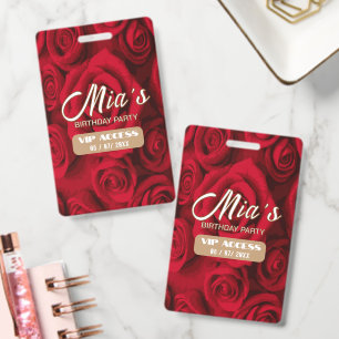 Elegant Red Roses Floral Birthday Party VIP Access ID Badge