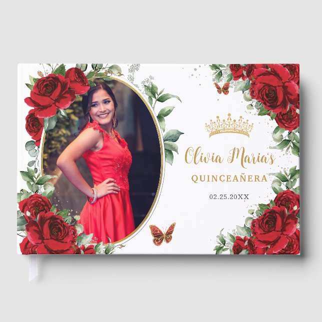 Elegant Red Roses Floral Gold Quinceanera Photo Guest Book (Front)
