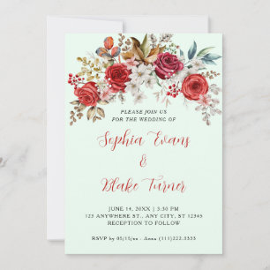 Elegant Red Roses Floral Light Green Wedding Invitation