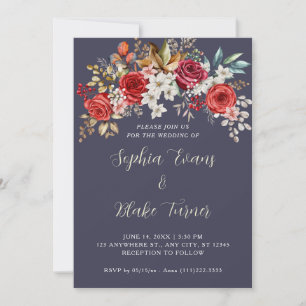 Elegant Red Roses Floral Slate Grey Wedding Invitation
