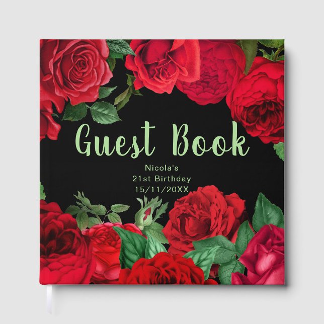 Elegant Red Roses Flowers Birthday Party Guest Book (Front)