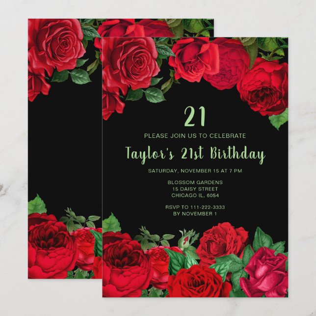 Elegant Red Roses Flowers Birthday Party Invitation (Front/Back)